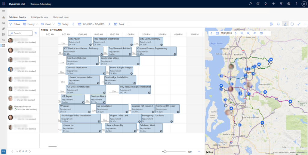 Interface de Microsoft Dynamics 365 affichant un planning et une carte
